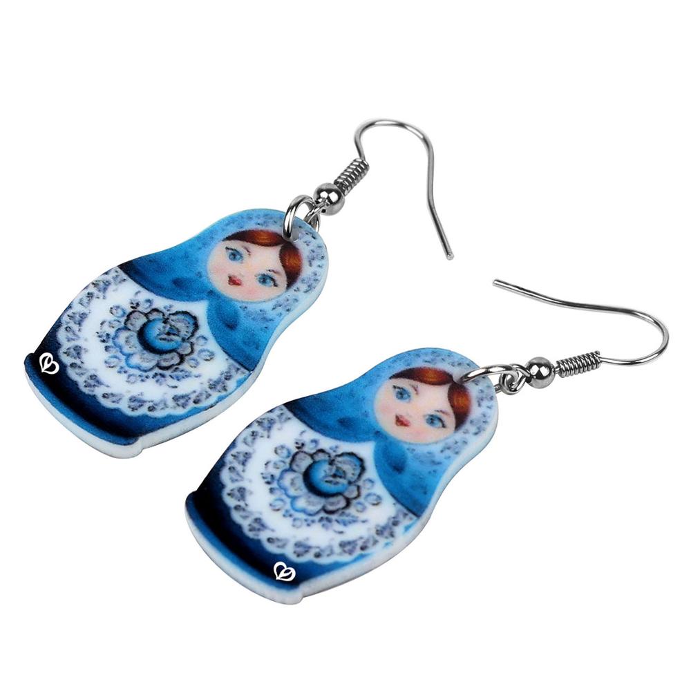 Boucles D'Oreilles Matriochka (Poupée Russe) - Orange/Bleue Avec Perles Cubiques - Métal Argenté - 5.5 Cm - Neuf Sans Emballage