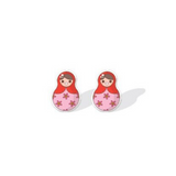 Boucles d'oreilles poupée russe rouge et rose avec fleurs.