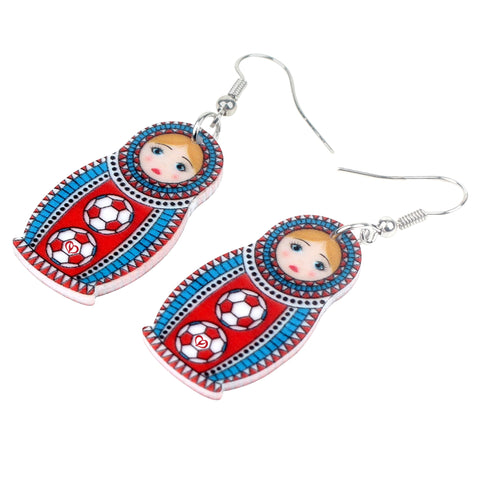 Boucles d'oreilles Matriochka bleu et rouge football.