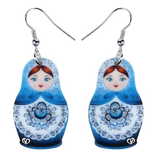 Boucles D'oreilles Matriochka Orange/bleue Avec Perles Cubiques Nacrées - Métal Argenté, 5.5 Cm, Neuf Sans Emballage