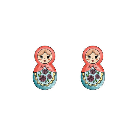 Boucles d'oreille poupée russe bleue et rose.